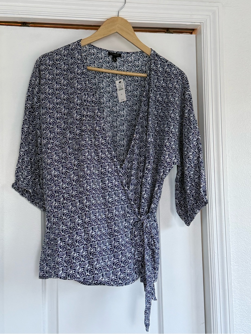 Talbots Navy and White Printed Wrap Blouse